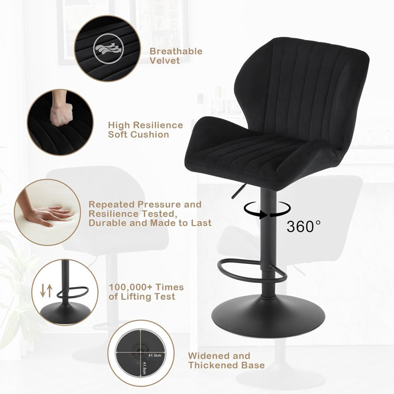 Trikomo Swivel Upholstered Adjustable Height Counter Stool with Metal Frame, Black