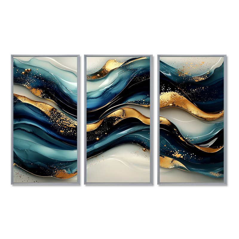 Fusion de pierre sur Blue River III - art mural vagues - 3 panneaux, H 28 po x l 36 po, Argent argent