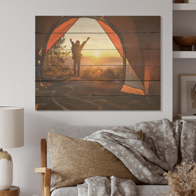 Hiking Camp At Sunset - Hiking Wood Wall Art On Natural Pine Wood