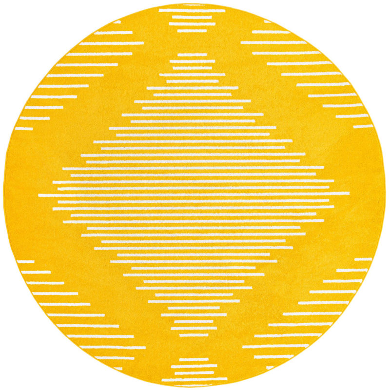 Tapis géométrique jaune en polypropylène tissé à la machine, Rond 7 pi 10 po