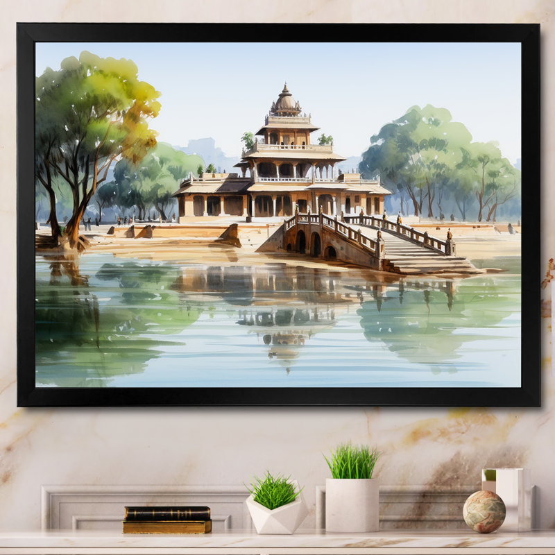 «Vietnam Temple Lotus Pond Serenity - China Art», art mural, Cadre d'angle fermé noir, H 12 po x l 20 po x P 1 po