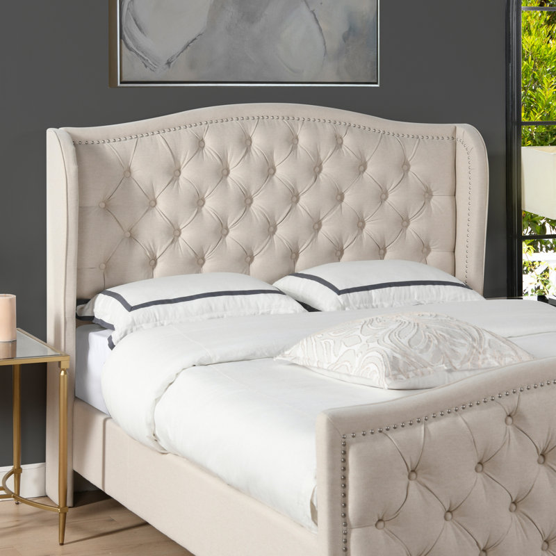 Coleman Upholstered Wingback Bed, Queen, Sky Neutral Beige Velvet
