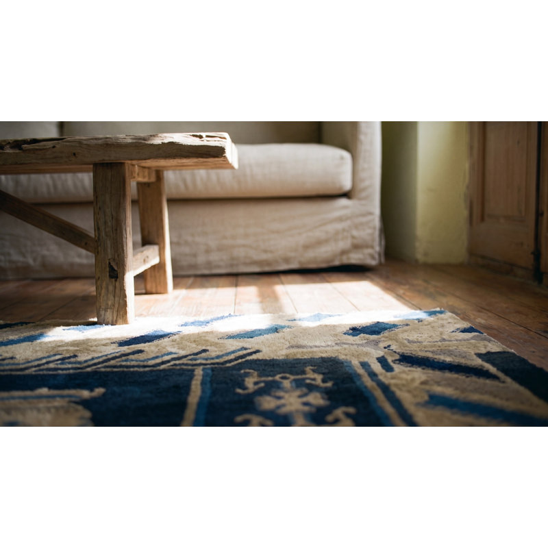 Navy Blue Antique Foo Dog Pattern Hand Knotted Chinese Wool Pile Rug