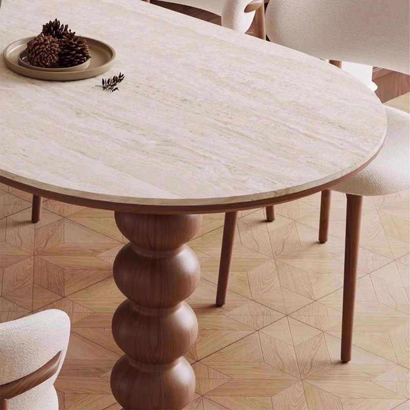Beige-blanc + brun demi-cercle fritté pierre + solide + table de salle à manger en bois manufacturé