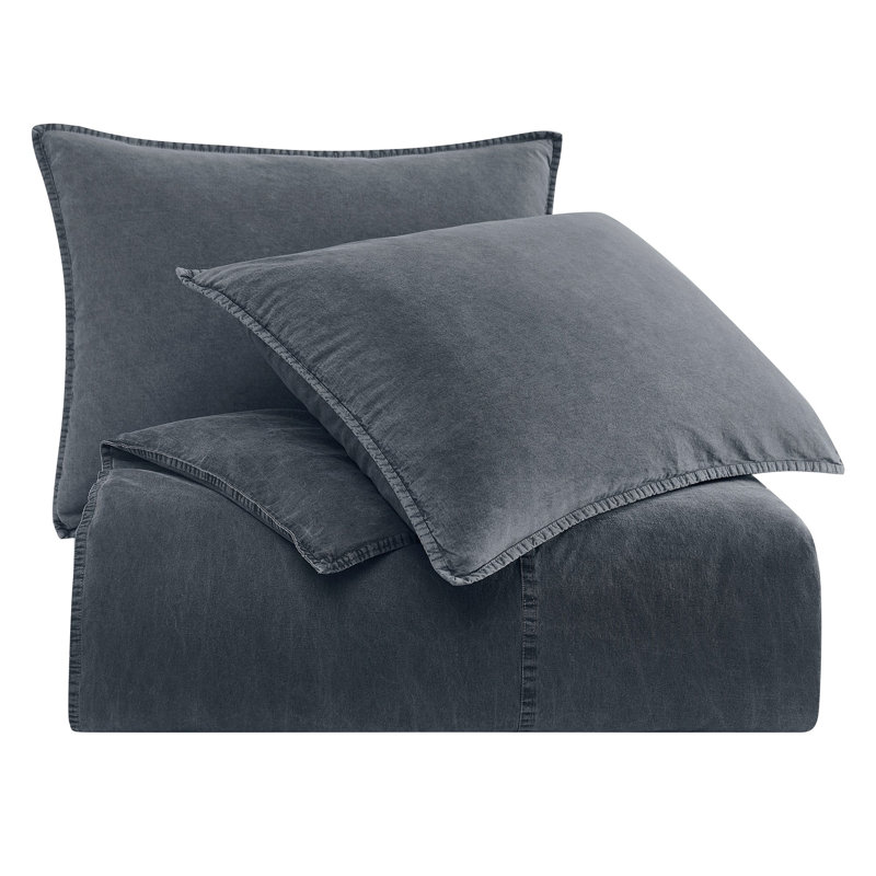 Stonewashed Cotton Canvas Stonewashed Cotton Canvas Solid Color Classic Chic Casual Duvet Cover Set, Charcoal