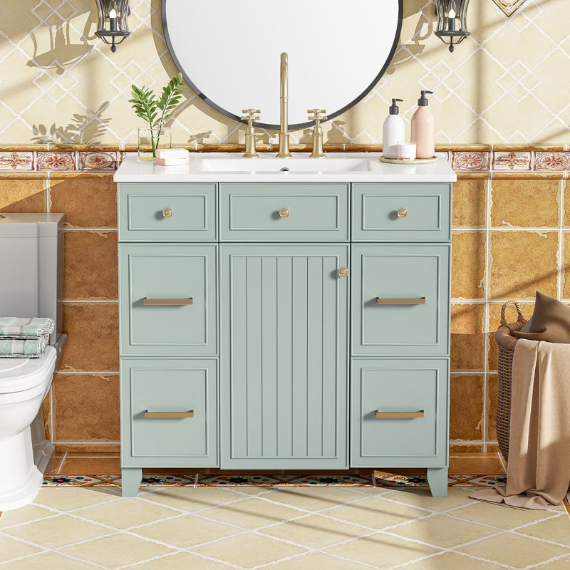 Meuble-lavabo de 36 po avec lavabo en céramique, structure en bois massif, portes à fermeture en douceur, tablettes réglables, 3 tiroirs, y compris un tiroir à double profondeur pour le rangement du sèche-cheveux, meuble-lavabo de salle de bain