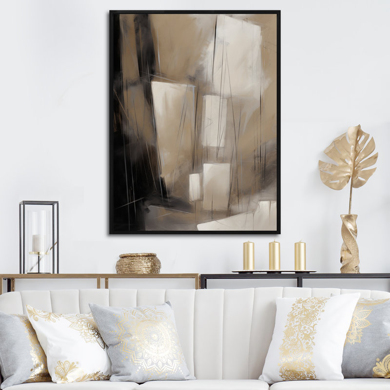 Mélange géométrique gris beige Phebe I, H 20 po x l 12 po x P 1 po, Cadre flottant noir