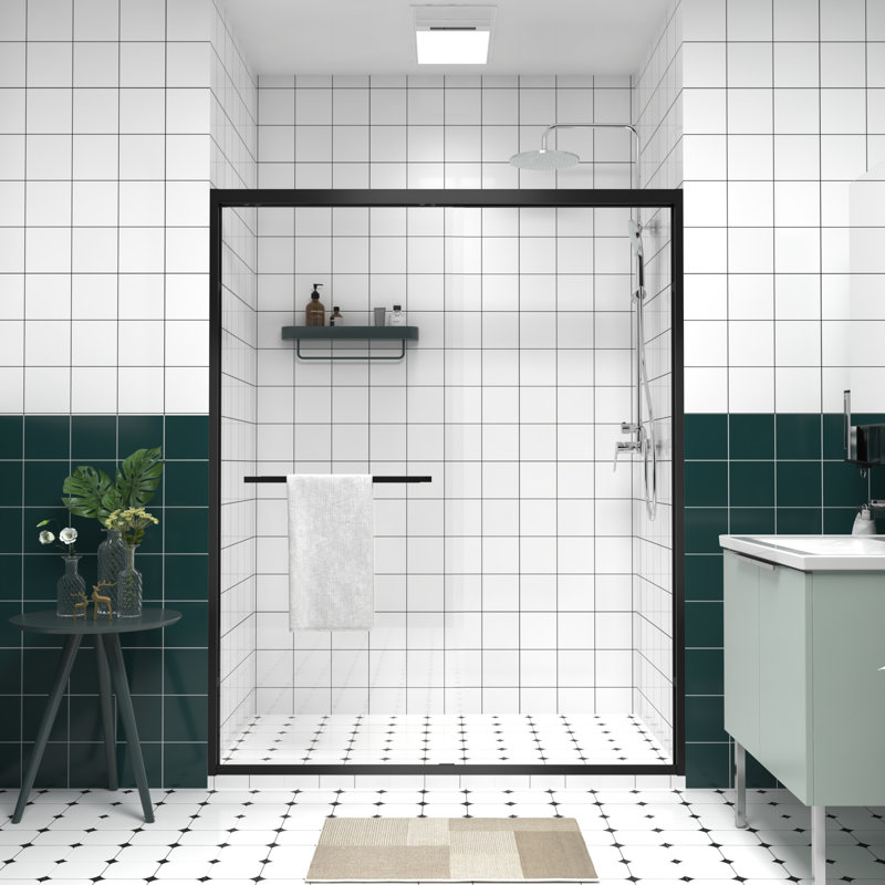 56 - 60"x74" Double Sliding Shower Door With Black Hardware, Chamfer Edged Glass, Handle, Safe Design For Bathroom Design, Mute Rollers