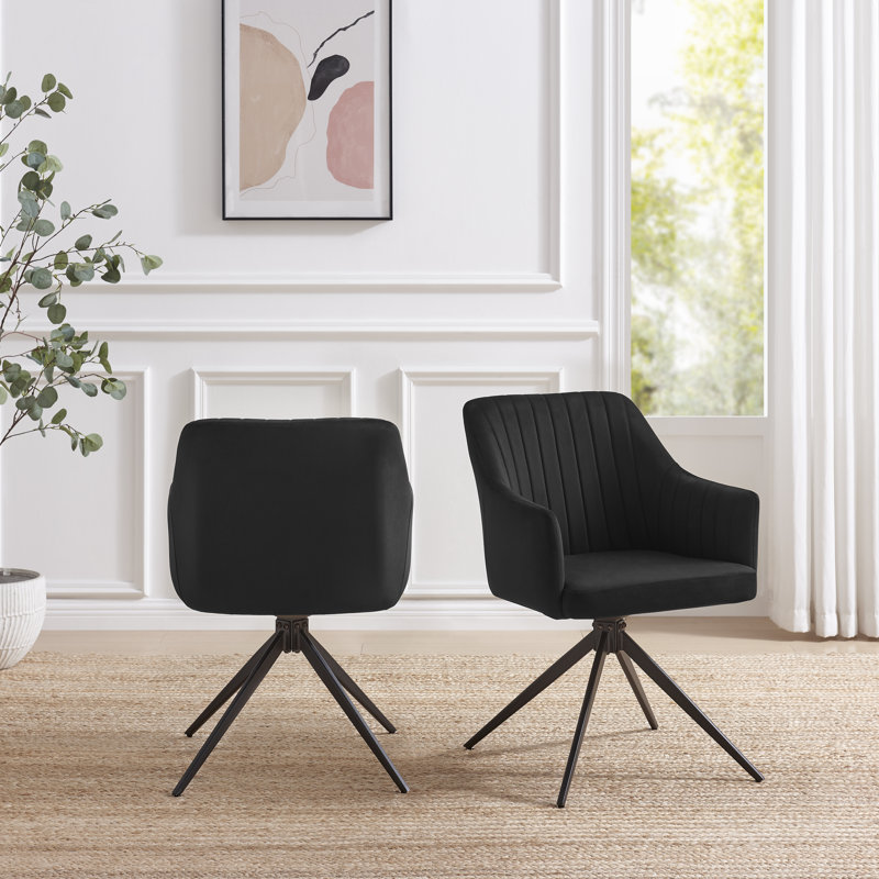 Penny Pillar Black Round Table With 4 Calley Luxury Velvet Upholstered Swivel Dining Chairs, Black
