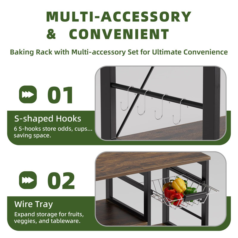 Baker’S Rack, Microwave Oven Stand With Bamboo Frame, Coffee Bar With Wire Basket & Hooks, Kitchen Storage Shelf Stand