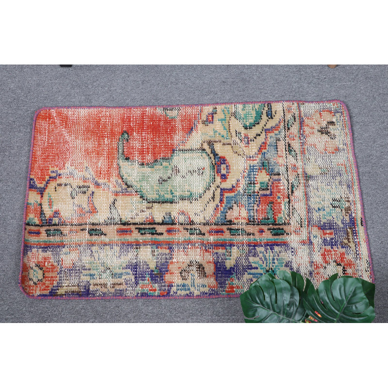 Handcrafted Turkish Vintage Small Red Wool Rug Perfect For Entryway Bathroom Door Mat With Faded Oushak Design And Intricate Patterns For Home Decor