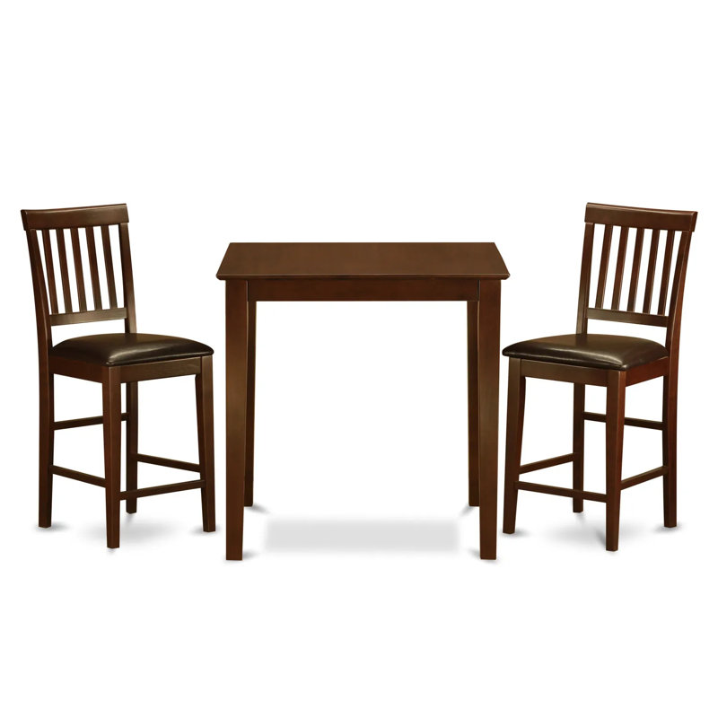 3 Piece Kitchen Counter Height Dining Table Set Contains a Square Pub Table and 2 Faux Leather Chairs, Mahogany
