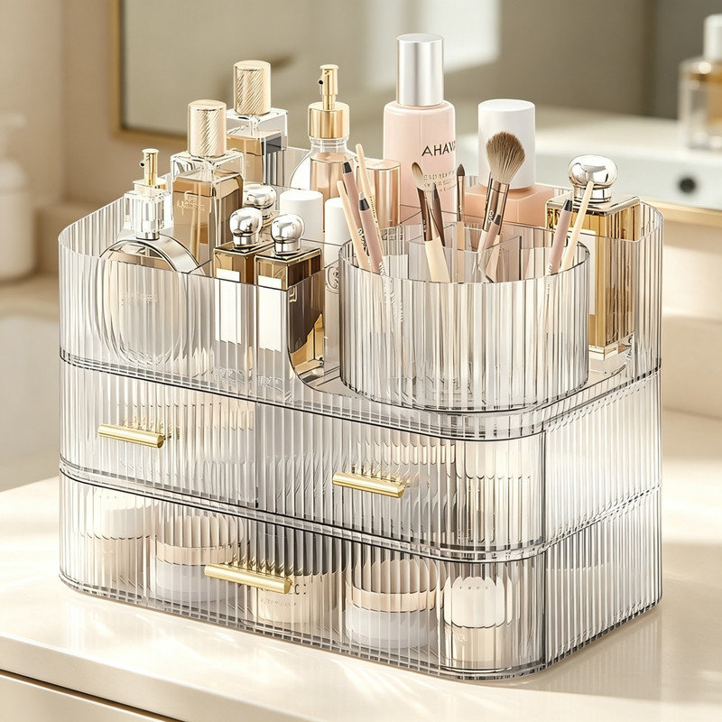 360° Rotating Acrylic Makeup Organiser with Storage Drawers & Brush Holder, Large Stackable Cosmetic Skincare Storage Box for Dressing Tables, Vanities, Bedrooms & Bathrooms