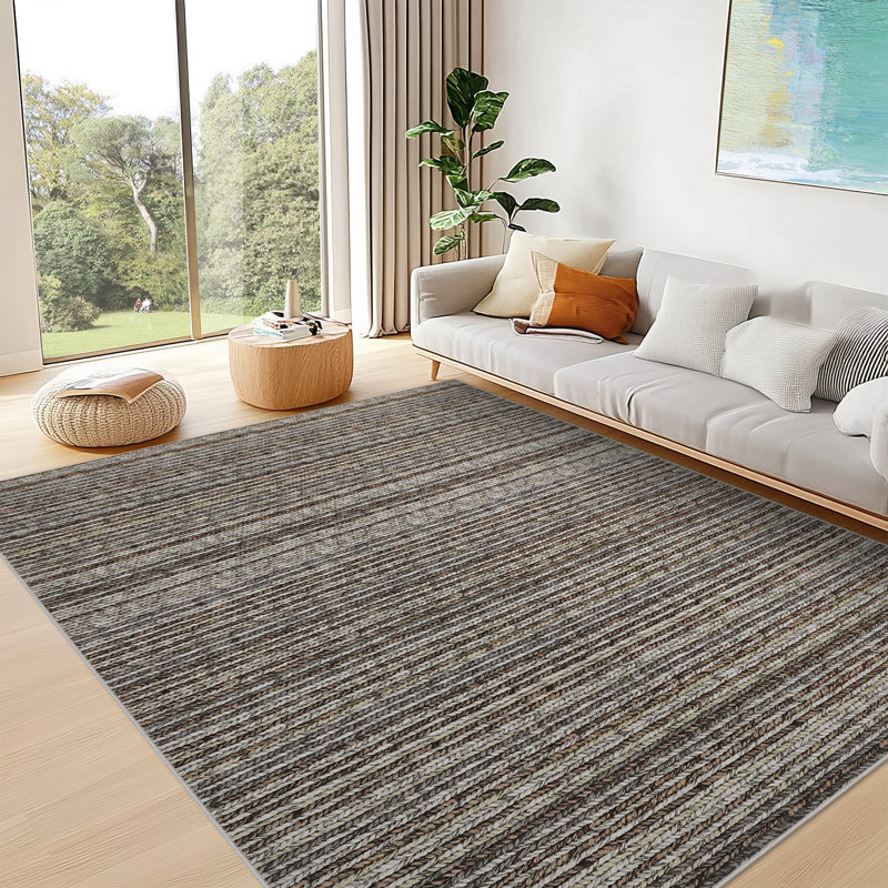 Tapis rectangulaire gris doux antidérapant de 9 pi x 12 pi avec lignes rayées pour l'intérieur, Gris, Rectangle 9 pi x 12 pi