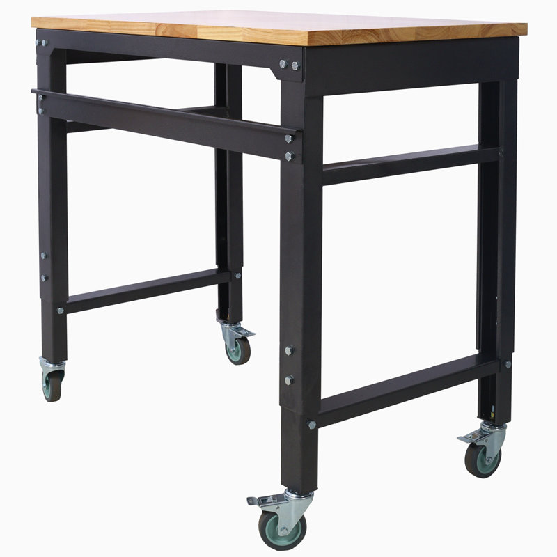 Établi - Établis roulants de garage de 35 po de largeur - Hauteur réglable, banc d'atelier, plateau en métal avec plateau en bois d'hévéa, pied martelé noir