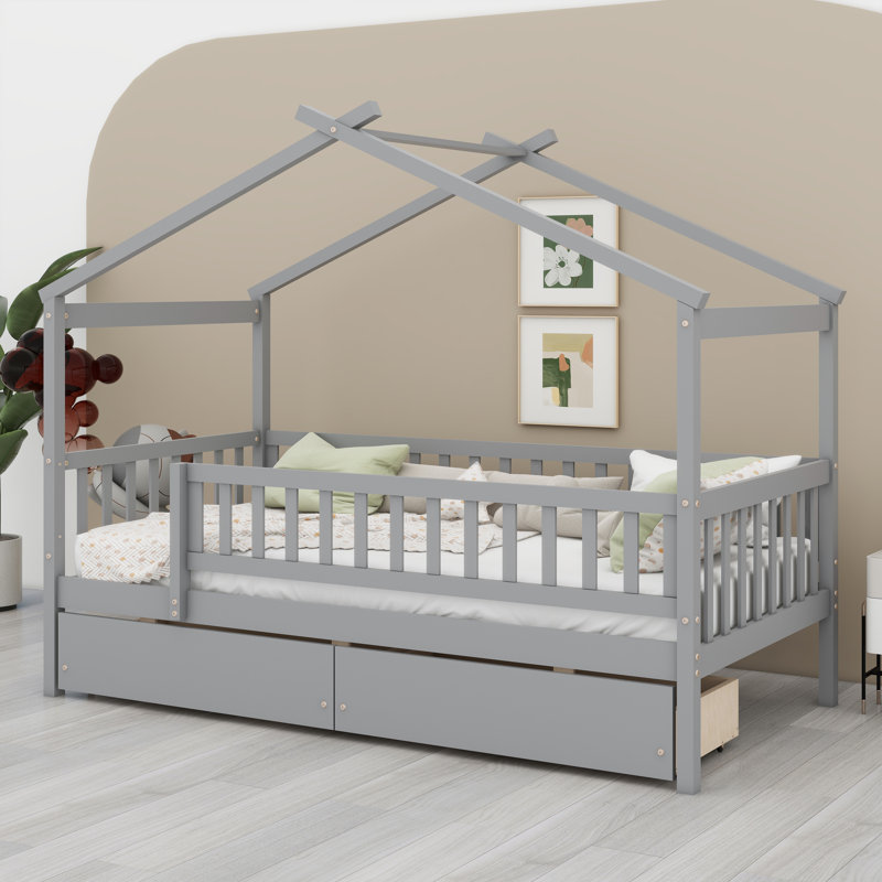 Lit en bois avec tiroirs, Gris