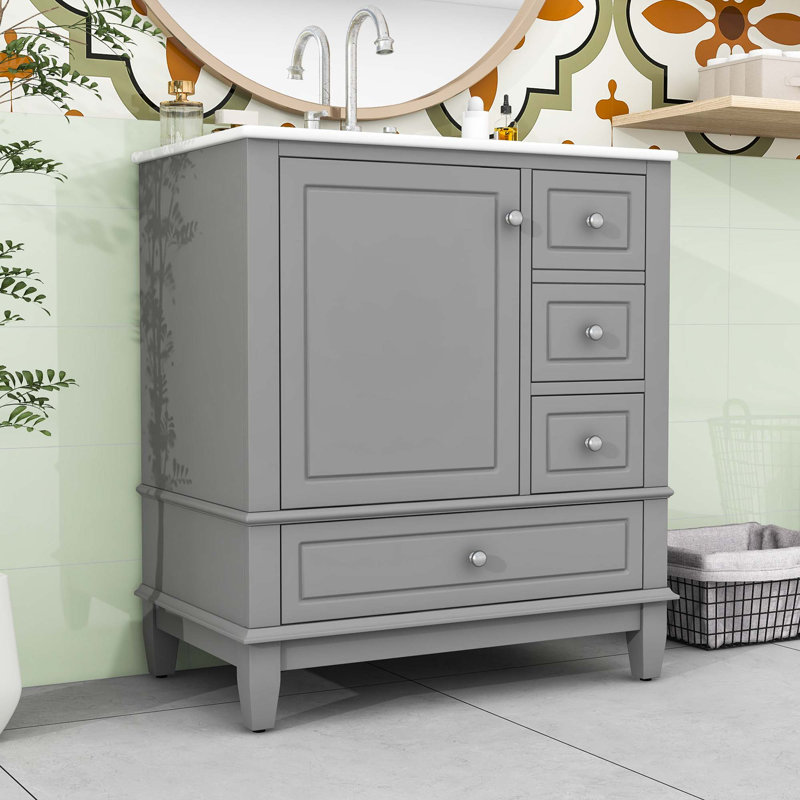Meuble-lavabo simple contemporain en bois avec lavabo en céramique, grand rangement et porte à fermeture en douceur, Gris