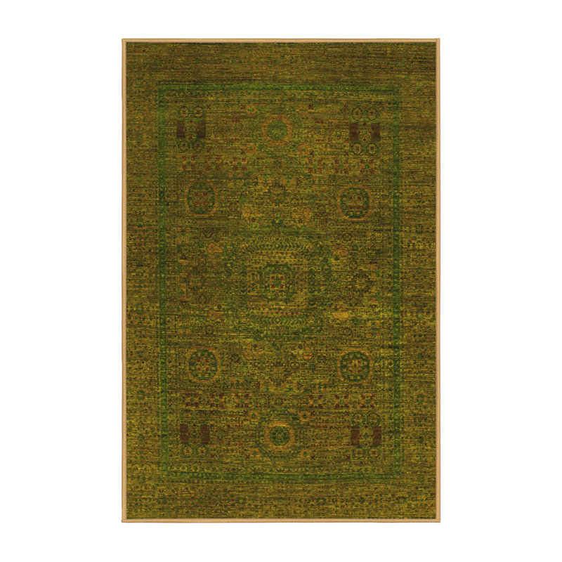 Tapis oriental fabriqué à la machine en jaune / vert, Carré 5 pi