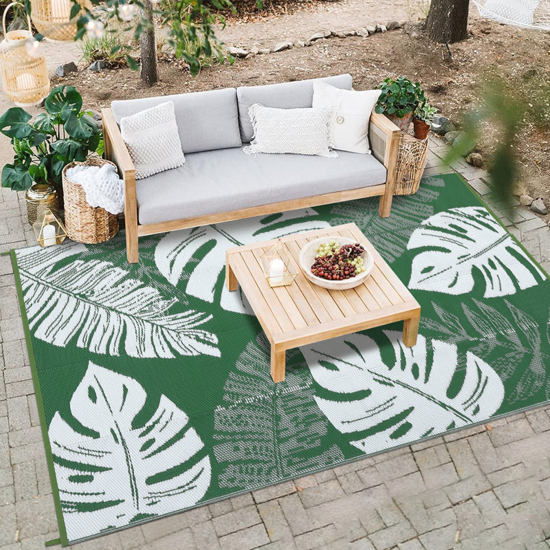 Outdoor Waterproof Reversible Rug - Large Patio Area Mat - Washable, UV Resistant, Storage Bag & 4 Stakes - For RV, Camping, Beach, Porch, Deck, Backyard - 9x12ft, Green and White, USA