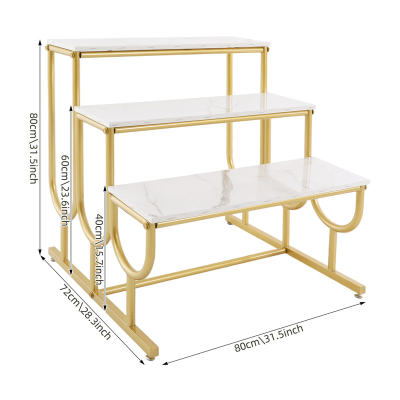 31.5" 3-Tier Stepped Retail Display Stand, White Faux Marble and Gold Metal Boutique Shoe Rack