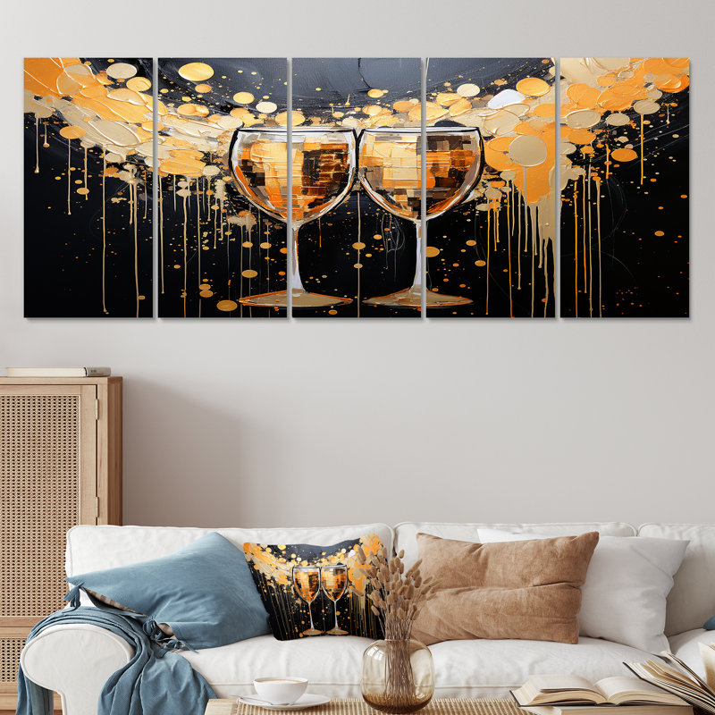 Or et noir champagne Essence - Champagne, art mural 5 pièces, H 28 po x l 60 po