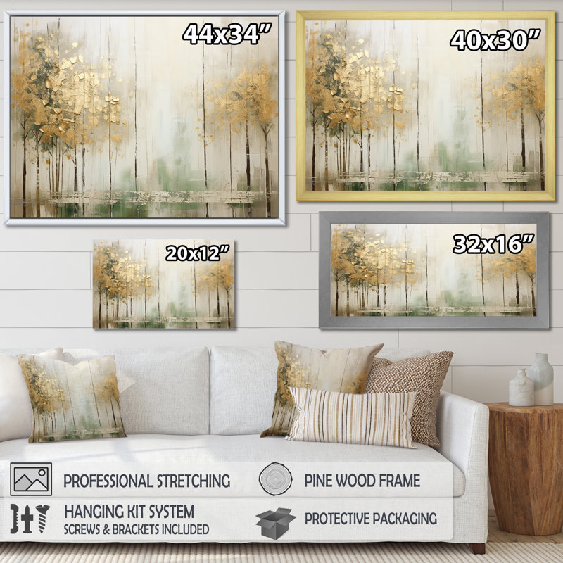 «Minimalisme beige et forêt dorée II», reproduction d'art sur toile, H 24 po x l 32 po x P 1 po, Toile tendue