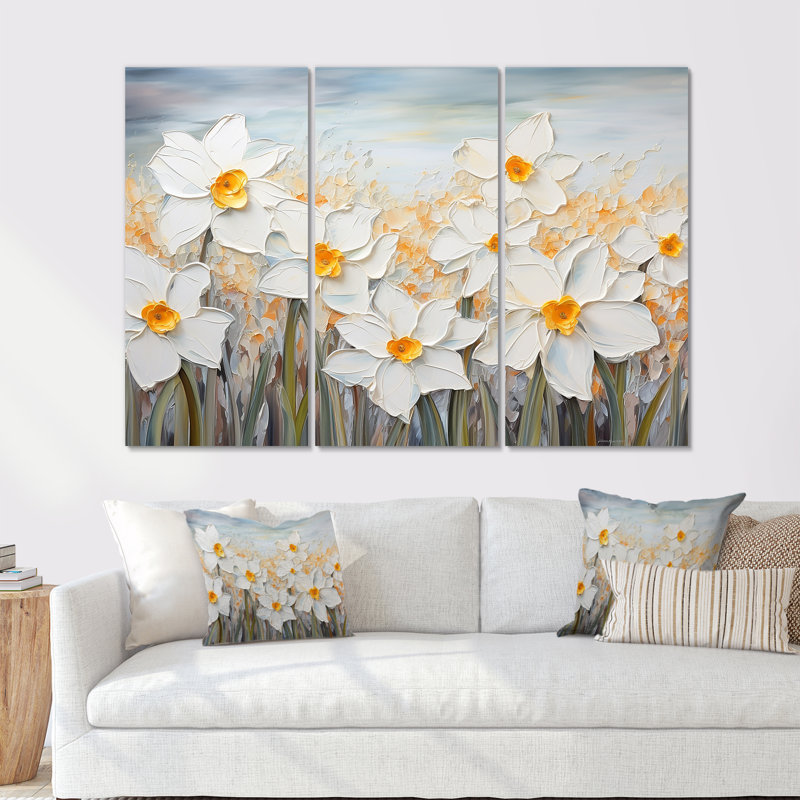 «Daffodils Tranquility Floral Field II - Flower Field», ensemble de reproduction d'art mural, Toile tendue