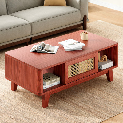 Table basse de style Mid-Century avec rangement de tiroir et look élégant, pieds en bois sur bois massif, couleur cerise, bois d'ingénierie, rectangle, longueur de 43,7 po, guide d'assemblage rapide pour le salon, couleur carrée,