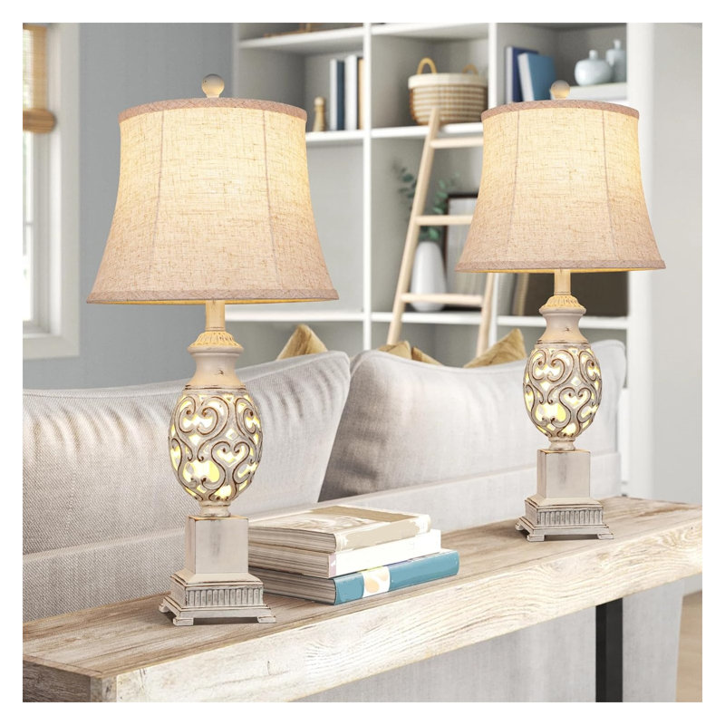 Ensemble de 2 lampes de chevet de 28 po avec veilleuse, base en métal blanc et abat-jour en lin pour la table de bout du salon