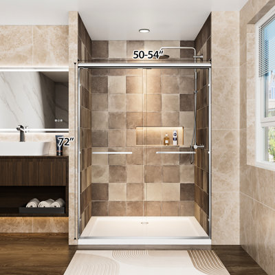 Porte de douche coulissante double en aluminium l 54 po x H 72 po avec verre trempé de 1/4 po, film brise, deux poignées en acier inoxydable, largeur réglable, imperméable, installation réversible, facile à installer