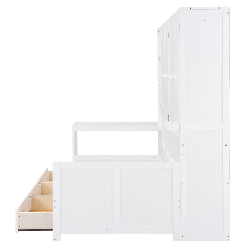 Lit de jour simple en bois avec trois tiroirs et armoire, bureau et tablettes