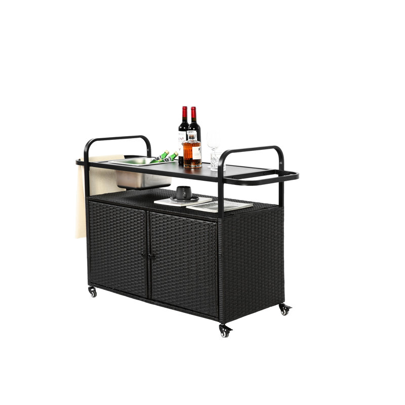 Chariot-bar à armoire noire, table d'extérieur avec plateau en acier, seau à glace, roues verrouillables, panier latéral pour la cour arrière - toutes saisons, installation simple et changement de vitesse pratique