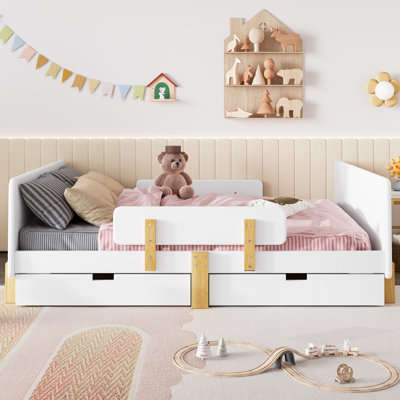 Platform Bed With Storage Drawers, Solid Wood Frame, Bed Guardrail, Small Shelf, And Hooks, No Box Spring Needed
