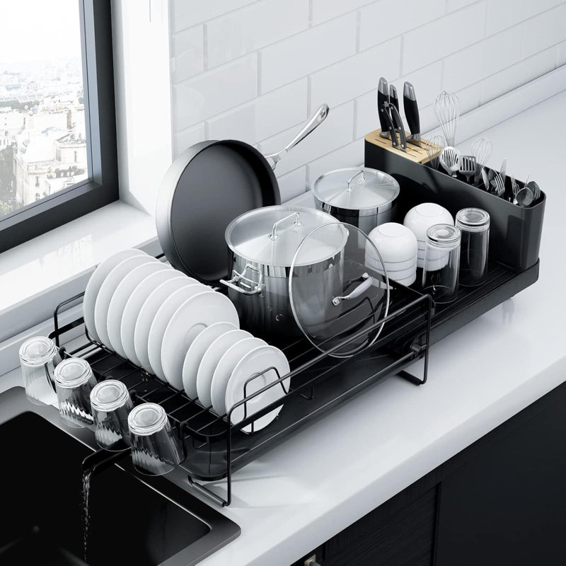 Séchoir à vaisselle extensible pour comptoir de cuisine avec égouttoir, couverts et porte-gobelets, égouttoir à vaisselle réglable antirouille pour économiser de l'espace et organiser