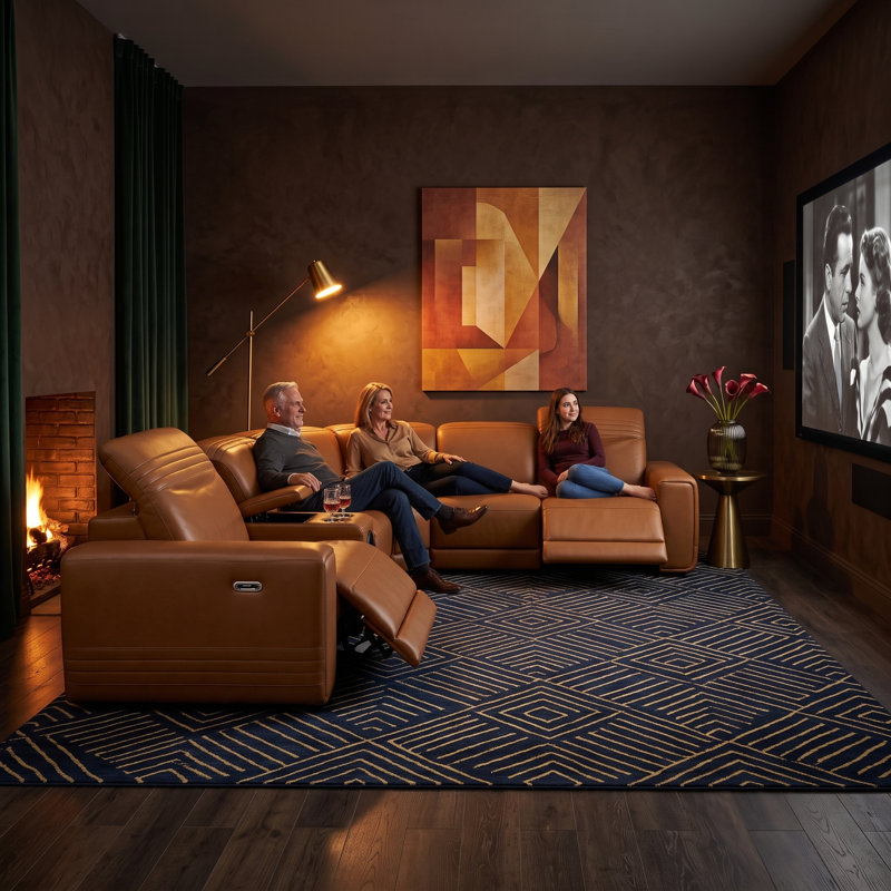 Canapé d'angle inclinable électrique surdimensionné de 6 pièces en similicuir brun cognac avec haut-parleurs Bluetooth