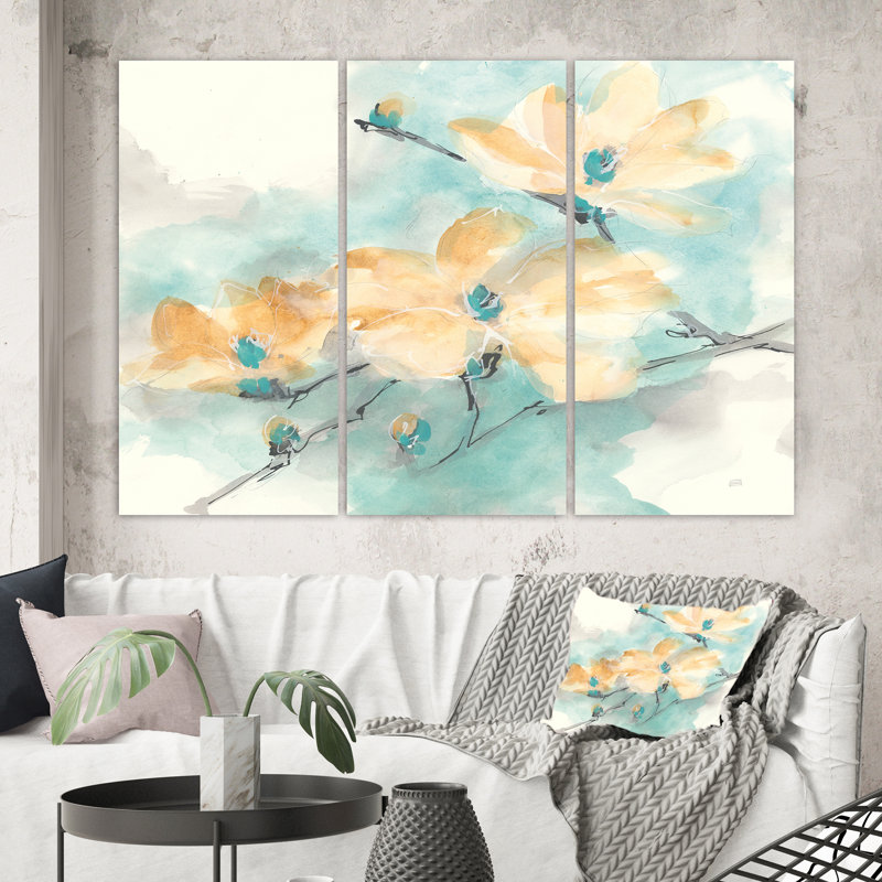 Teal Buds II - ensemble de 3 reproductions d'art sur toile tendue, H 28 po x l 36 po x P 1 po