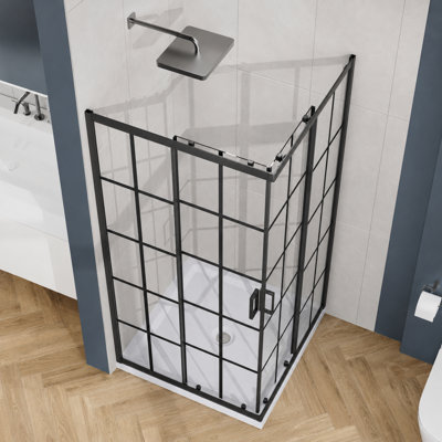 Corner Shower Door 36 in.D x 36 in. W x 72 in. H, Shower Enclosure with 1/5 in. Clear Tempered Glass Panels with French Grid, Dual Sliding Opening, Matte Black