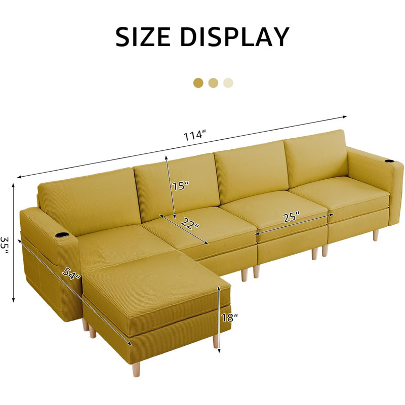 Canapé modulaire rembourré 5 pièces Whaleyville, Velours jaune