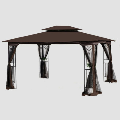 13X10 Gazebo Canopy Tent For Backyard With Water- Roof - Brown All-Weather Fabric And Four Mesh
