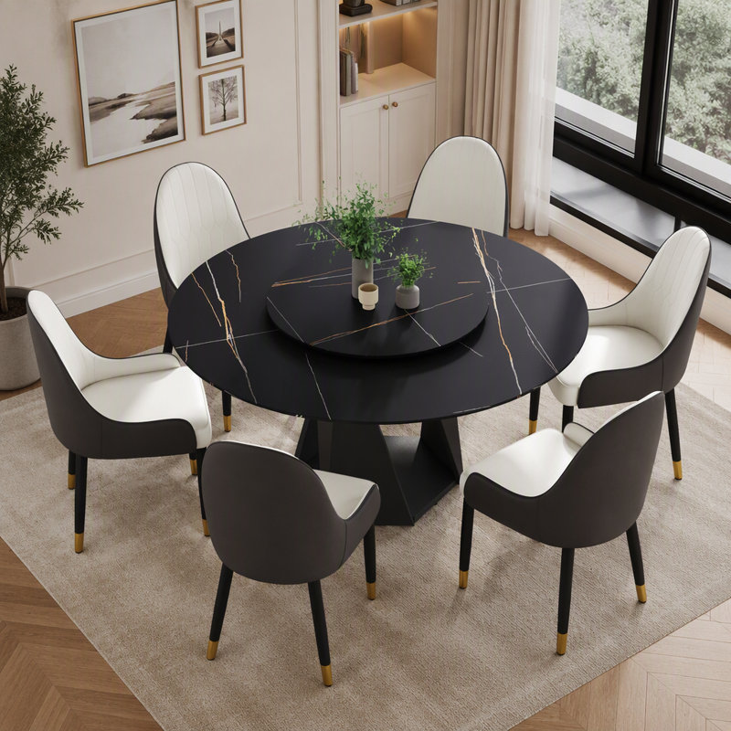 Table de salle à manger ronde en pierre frittée de 150 cm (59,05 pouces) avec piètement en fer noir et plateau tournant de 80 cm (31,5 pouces) pour 6 à 8 personnes.