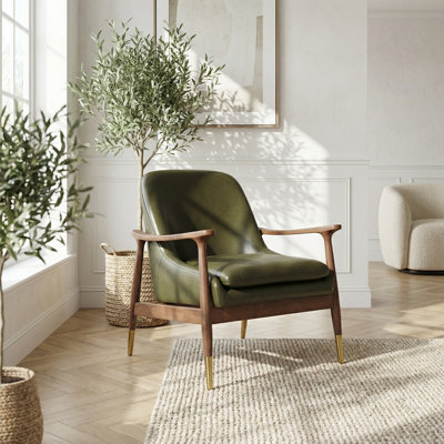 Chaise d'appoint de style Mid-Century moderne avec revêtement en similicuir et structure en bois massif, avec des pieds en laiton pour le salon, la chambre à coucher ou les sièges de bureau