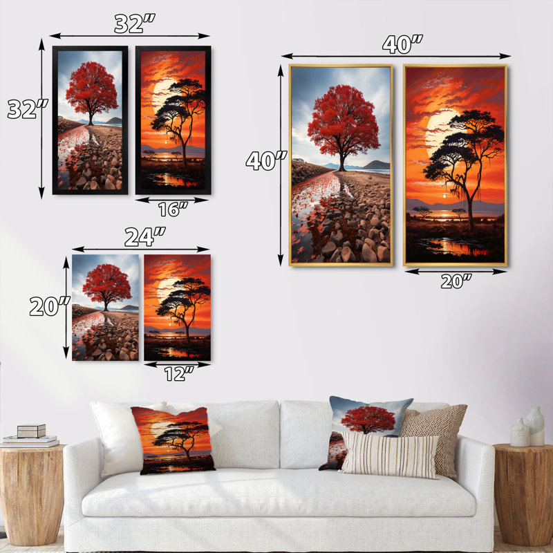 «African Tree Orange Sunset Majesty», 2 pièces, H 40 po x l 40 po, Toile tendue