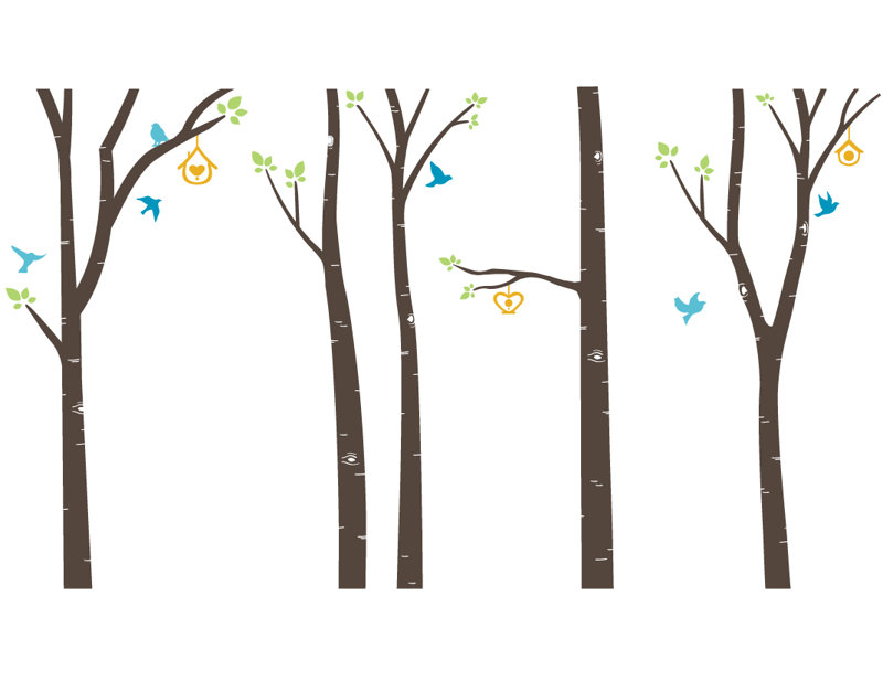 Décalcomanie murale arbres et oiseaux bouleau, Marron foncé