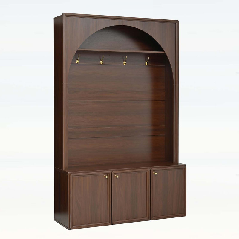 Farmhouse All-in-One Hall Tree with Adjustable Shelves,Storage Bench,Wooden Coat Rack Organizer, Walnut