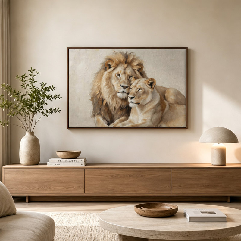 Art mural sur toile Golden Embrace Lion & Lioness, cadre flottant, prêt à être accroché, 8x12in, Gold
