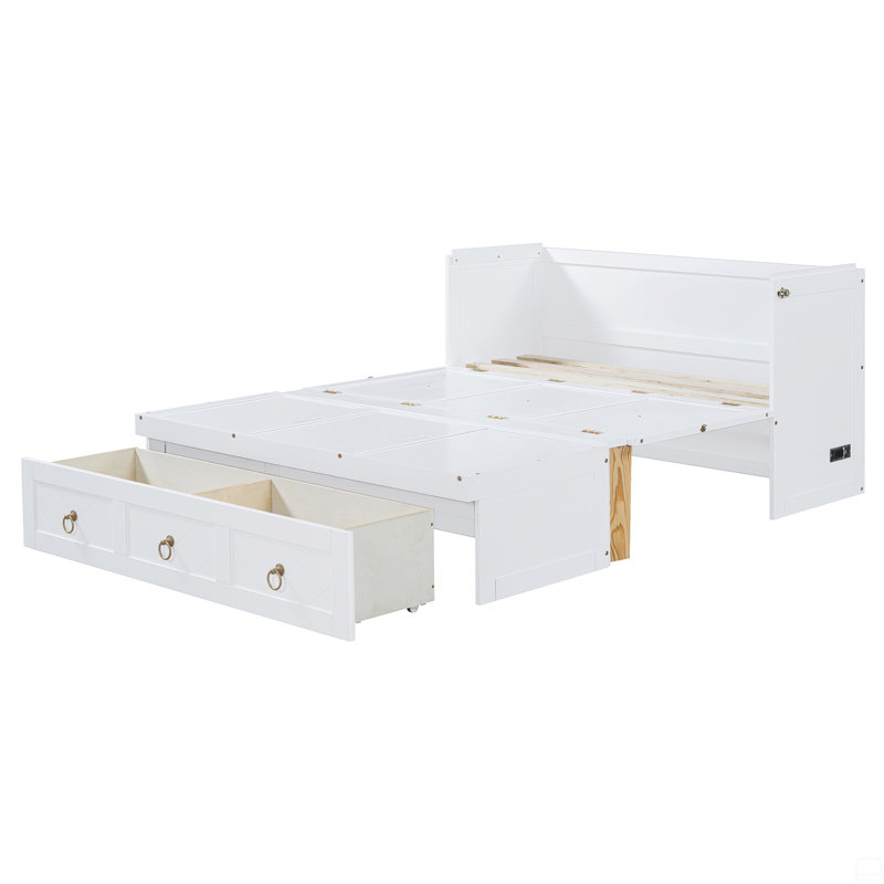 Lit escamotable double avec port USB et grand tiroir, Lit double
