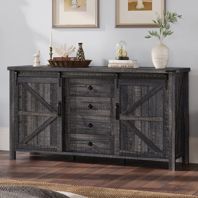 Buffet Chiara de 60 po à portes coulissantes de style grange avec tiroirs, noir