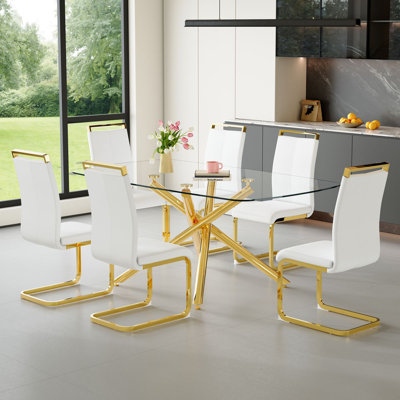 71" Modern Glass Dining Table Set With Leather Chairs — Luxury Dining Room Table Set For 6–8