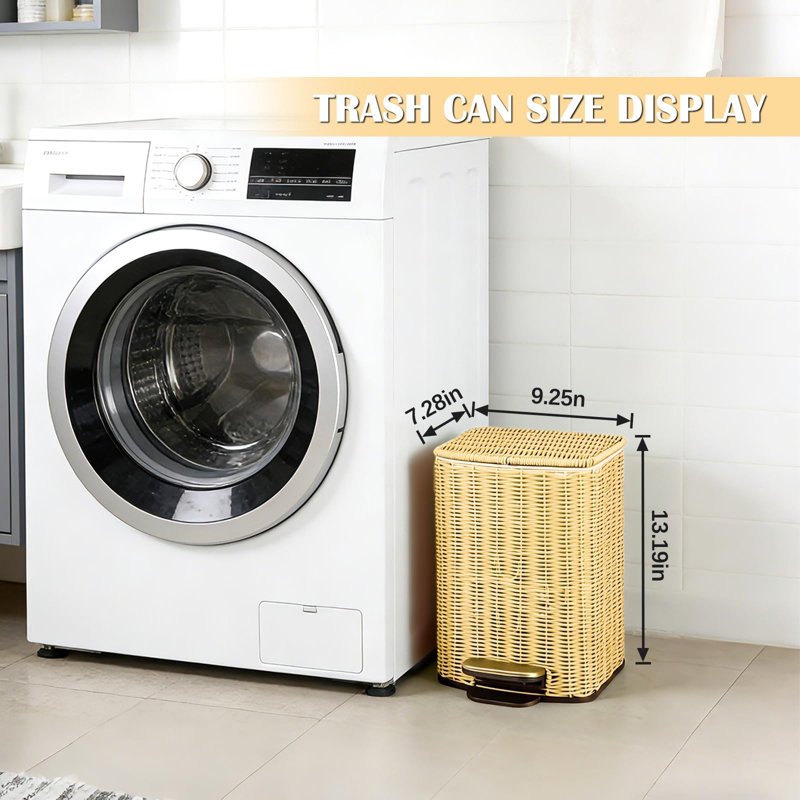 Petite poubelle rectangulaire tissée à la main avec couvercle, 1,6 gallon, couvercle à fermeture douce, pédale en acier inoxydable, seau intérieur amovible (ivoire)