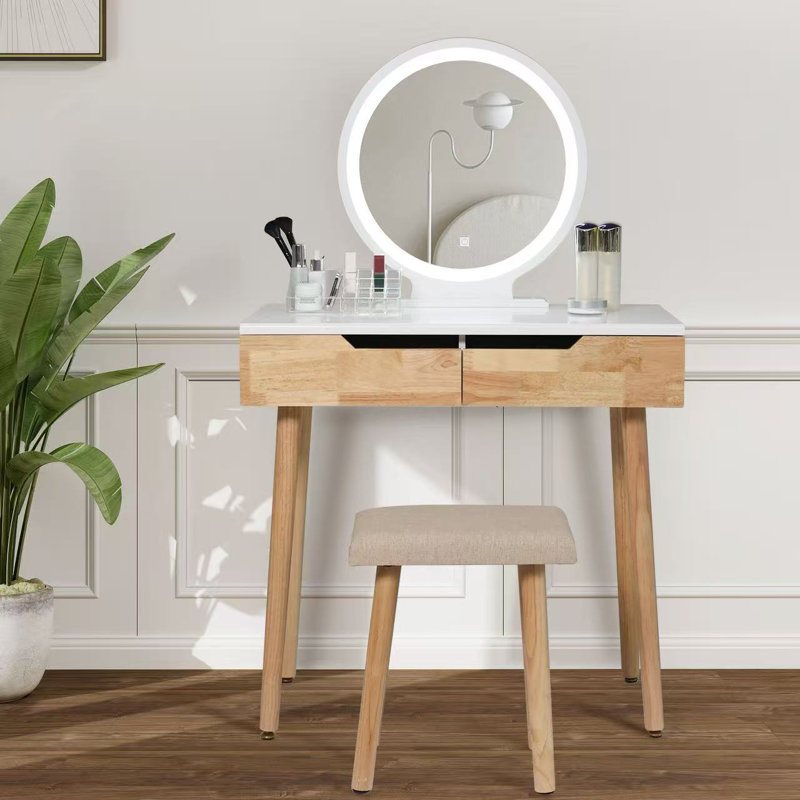 Rowell Vanity Table Set with 3 Modes Adjustable Brightness Mirror and Free Make-up Organizer